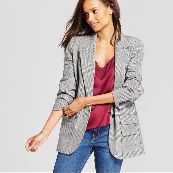 grey plaid boyfriend blazer